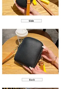 Detailed side and back view of black lychee grain leather mobile phone bag with gold hardware