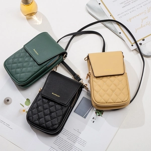 Quilted mini phone crossbody bag in green, black and beige PU leather with gold hardware