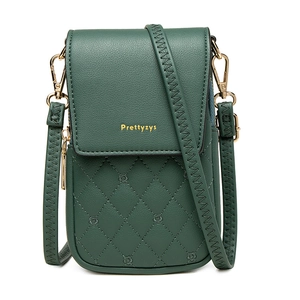 Detail of dark green PU leather phone bag featuring diamond quilting and floral embroidery
