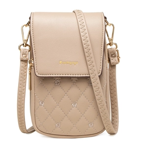 Quilted beige PU leather mini crossbody phone bag with floral embroidery and golden logo