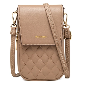 Detail showing khaki PU leather cell phone bag with quilted pattern and floral embroidery
