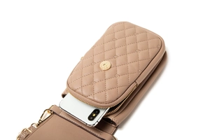 Quilted khaki phone bag featuring embroidery details and gold magnetic closure