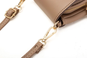 Close-up of golden metal lobster clasp and premium pebbled PU leather stitching details