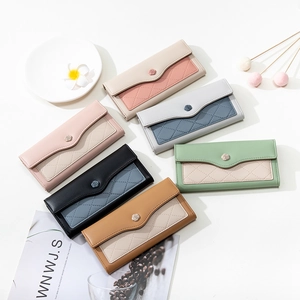Elegant long PU leather trifold wallet with quilted pattern and 3D rose snap button