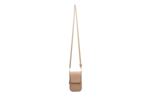 Detailed view of khaki quilted PU leather phone bag with gold metal logo and strap