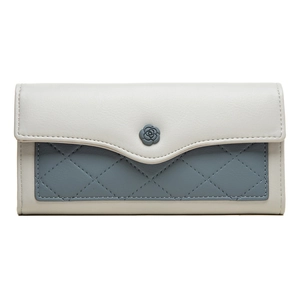 Detail of grey-blue quilted leather texture and camellia flower clasp on long wallet