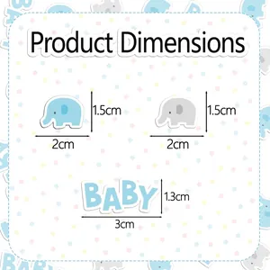 Size chart for blue elephant and BABY confetti decorations for baby shower party