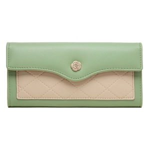 Mint green and beige trifold long wallet with camellia buckle and diamond quilted pattern