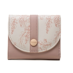 Women's short tri-fold pink wallet with floral print and gold snap closure