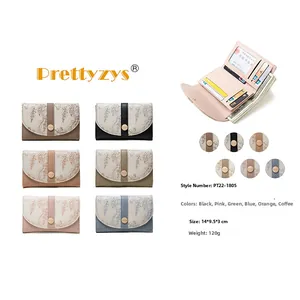Short PU floral wallet interior and exterior layout with dimensions and color options