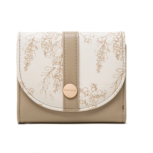 Minimalist tri-fold short wallet with floral print and rose gold metal buckle closure