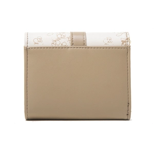 Detail of bifold wallet showing beige leather texture and cartoon character print