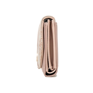 Detail view showing multi-layer fold structure and floral texture of the leather wallet