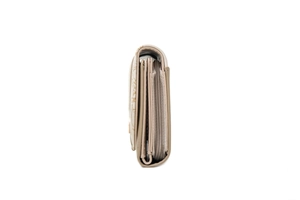 Side view of multi-compartment trifold purse showing accordion layers and zipper pocket