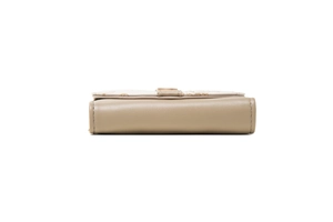 Side view detail of khaki PU leather wallet showing stitching and floral printed interior