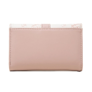 Three-fold PU leather women's wallet with pink patchwork design and snap button closure