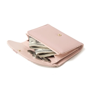 Pink lychee texture leather wallet for women with gold snap closure and card slots