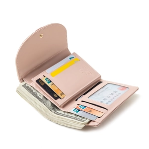 Pink PU leather tri-fold long wallet for women with multiple card slots and large capacity