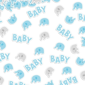 Blue and gray elephant baby shower confetti with BABY letters for party table decoration