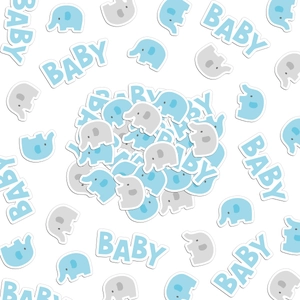 Blue and grey baby shower party confetti with cute elephants and BABY lettering