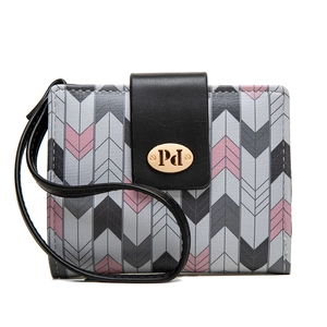 Detail of grey and pink chevron pattern wallet with gold logo and black wristlet strap