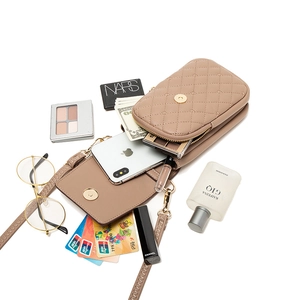 Khaki quilted leather crossbody phone bag with compact interior for cosmetics and cards