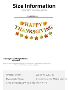 Guida alle dimensioni dettagliata per lo striscione di carta Happy Thanksgiving con foglie
