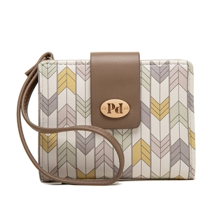 Detail of a geometric pattern wallet featuring brown leather flap and PdL metal plate