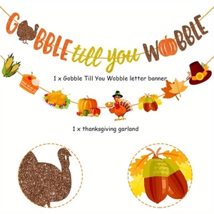 Thanksgiving party banner set with glittery letters and festive autumn motifs on white background