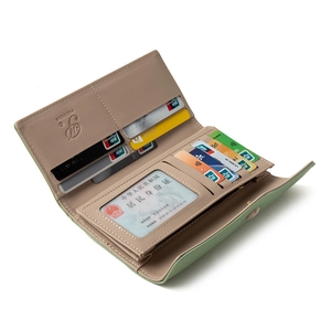 Long folding faux leather envelope wallet for women in mint green and beige