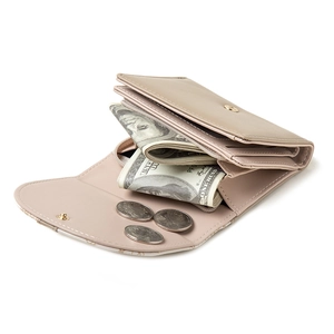 Three-fold beige PU leather wallet for women with zipper pocket and metal snap button