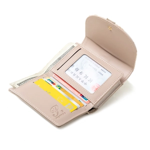 Beige trifold PU leather wallet for women with card slots and clear ID window view