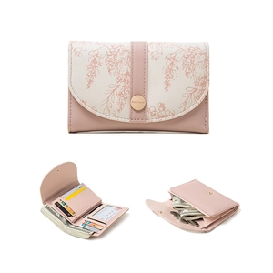 Women Bifold Wallet PU Leather Floral Print Card Holder Multi Slots Clutch Snap Closure