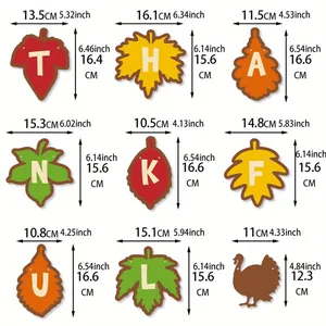 Size chart showing Thanksgiving maple leaf banner dimensions in cm and inches for party decor