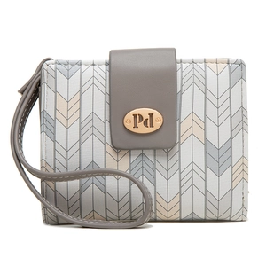 Detailed macro view of short women's fold wallet with chevron pattern and wrist strap
