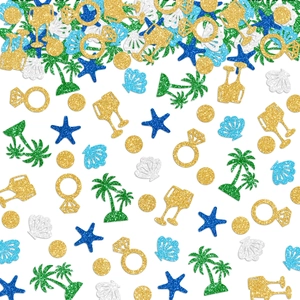 Glitzernde Hawaii-Partykonfetti mit grünen Palmen und goldenen Diamantringen für Hochzeiten