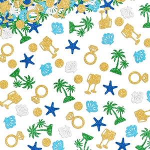 Glitzerndes Hawaii Hochzeit Konfetti mit Palmen Ringen und Champagnergläsern