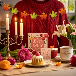 Εορταστική γιρλάντα Happy Thanksgiving με φύλλα σφενδάμου και κάρτες Best Mum στο τραπέζι