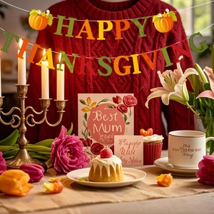 Festive Happy Thanksgiving banner with pumpkin motifs and seasonal autumn decorations