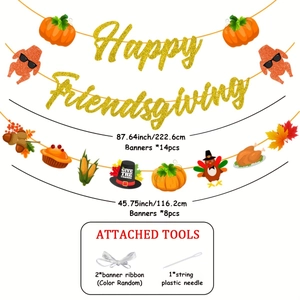 Glittery Happy Friendsgiving banner set with turkey and pumpkin motifs for party decor