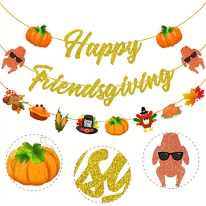Glittering Happy Friendsgiving banner with turkey and pumpkin elements for party decor