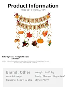 Detail of Friends Giving banner with turkey, pumpkin, and maple leaf spiral decorations