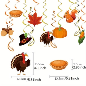 Detailed size specifications for Thanksgiving hanging swirls featuring turkey and pumpkin