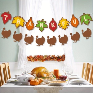 Colorful maple leaf and turkey banner with THANKFUL letters for Thanksgiving party decor