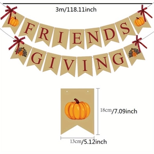 Detail of Friendsgiving banner with pumpkin turkey graphics and dimension 13x18cm