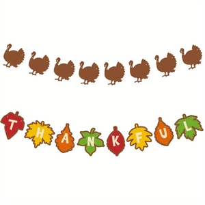 Thanksgiving banner with colorful autumn leaves and turkey cutouts on white background