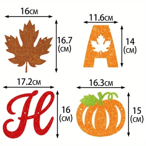 Detailed size specifications for glitter maple leaves and pumpkin party banners