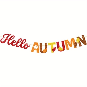 Glittering Hello Autumn banner with maple leaf patterns for festive harvest decoration