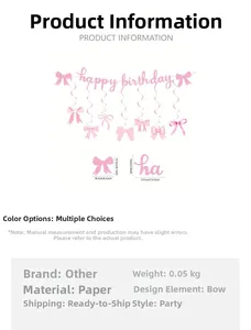 Detailed size specifications for pink bow birthday party banner and spiral decorations