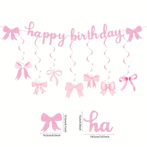 Pink glitter Happy Birthday banner with bow pendants and spiral party decorations